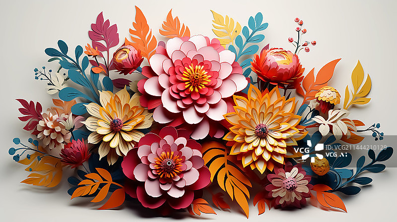 【AI数字艺术】剪纸风格花朵插画图片素材
