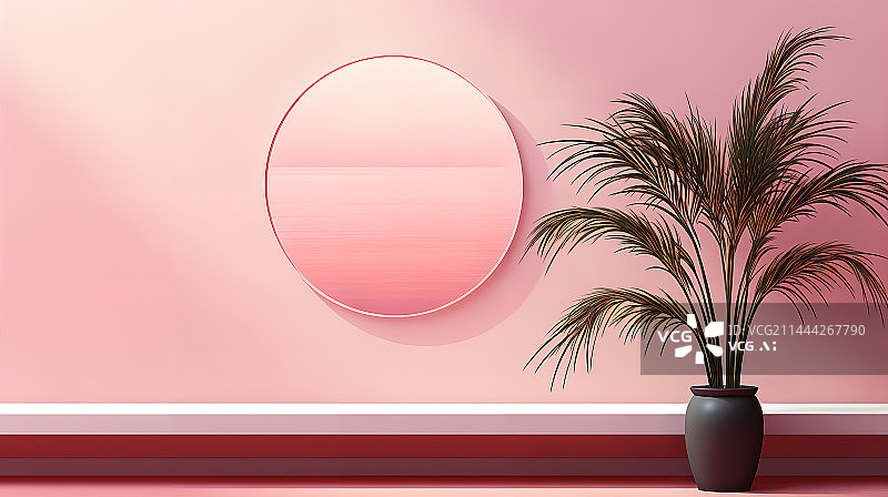【AI数字艺术】粉色墙壁圆环绿植简约室内装饰背景图片素材
