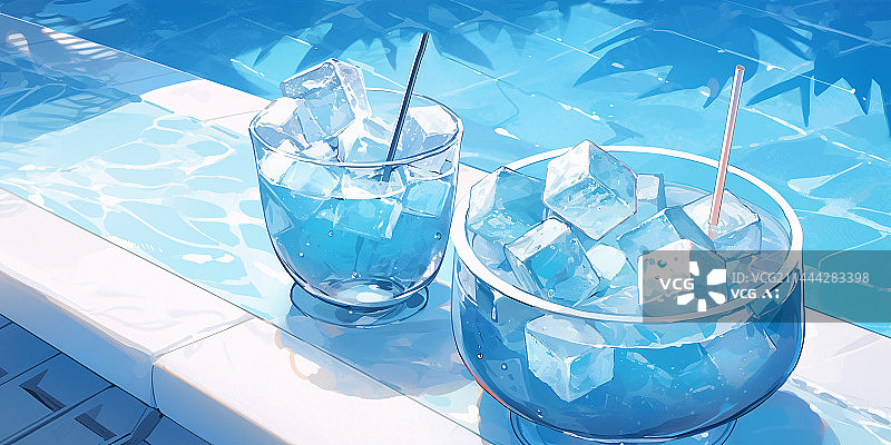【AI数字艺术】夏天泳池边的冰块饮料特写镜头图片素材