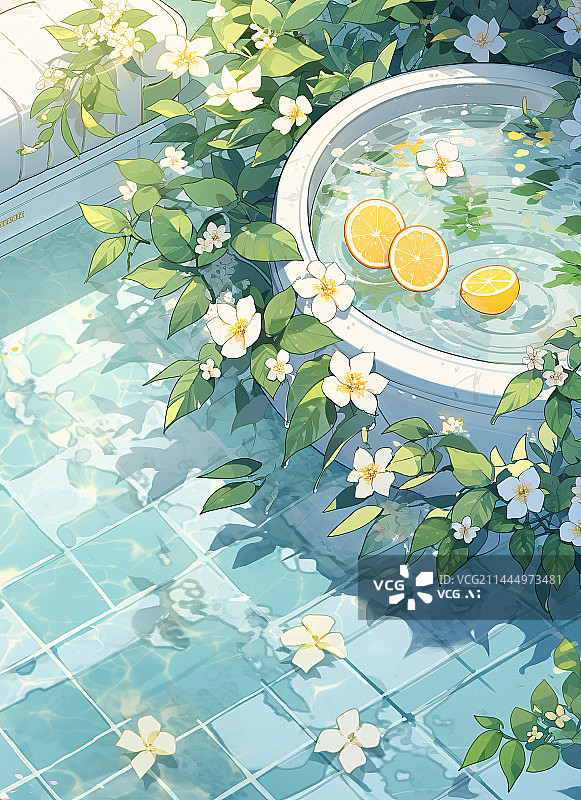 【AI数字艺术】游泳池中漂浮的花朵水果夏日清凉插画图片素材