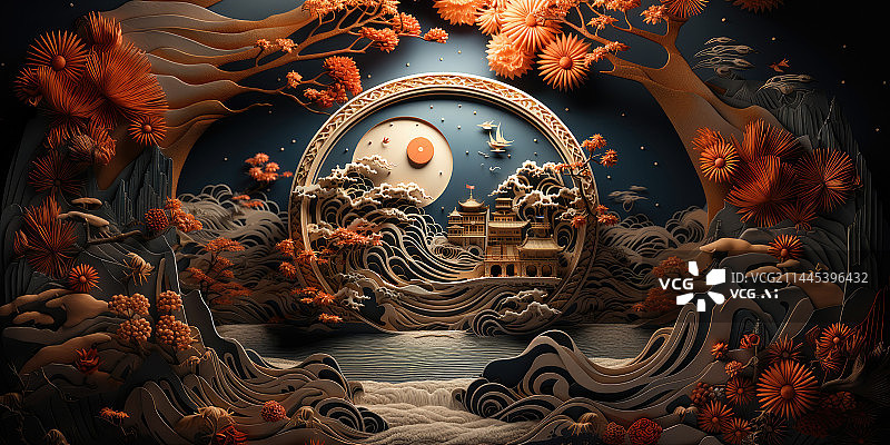 【AI数字艺术】中国传统山水画剪纸渲染风格图片素材
