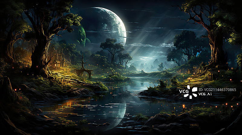 【AI数字艺术】水彩油画风格神秘森林河水插画背景配图图片素材