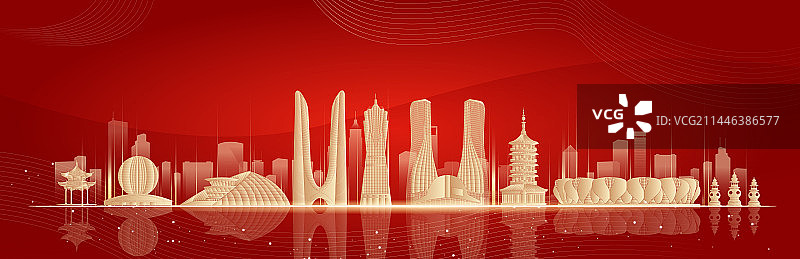 杭州城市地标建筑红色大气矢量插画海报图片素材
