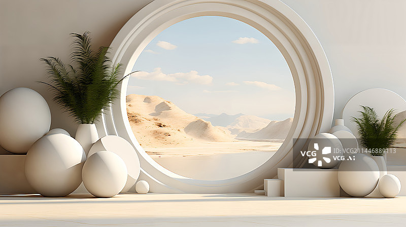 【AI数字艺术】圆窗花瓶球体盆栽沙漠背景产品展台图片素材