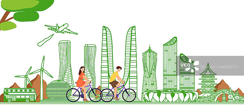绿色智能剪纸风格浙江杭州建筑群插画图片素材