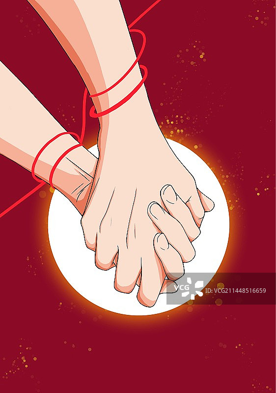 红色背景下红绳缠绕着的情侣手插画图片素材