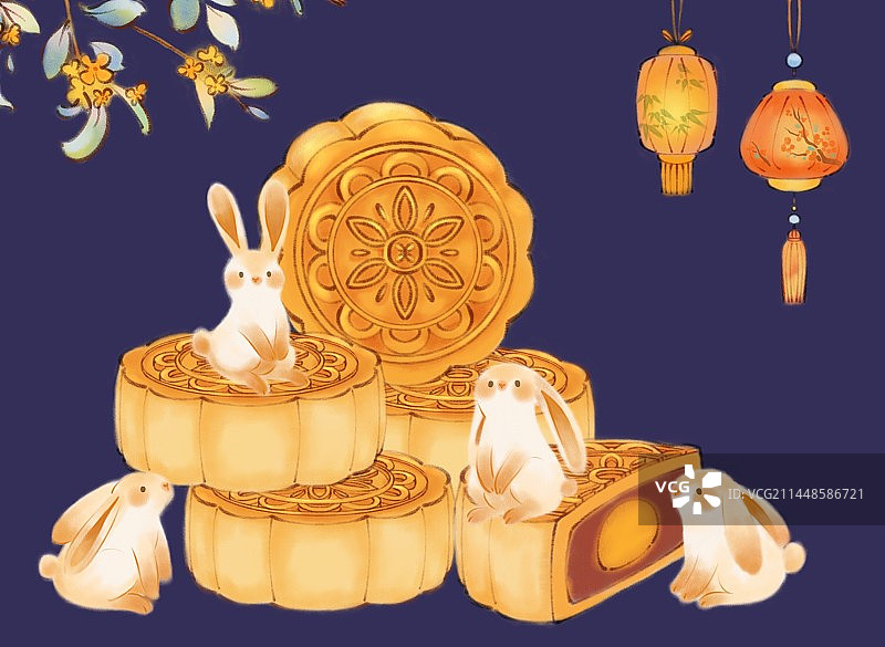 中秋节-手绘可爱兔子月饼和桂花插画图片素材