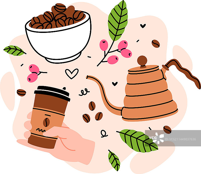 咖啡芳香饮料与杯豆在碗和图片素材