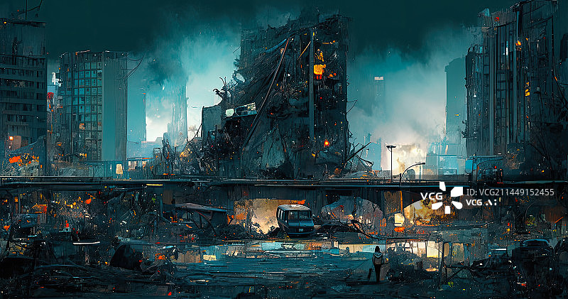 【AI数字艺术】一片狼藉的的城市废墟末日场景图片素材