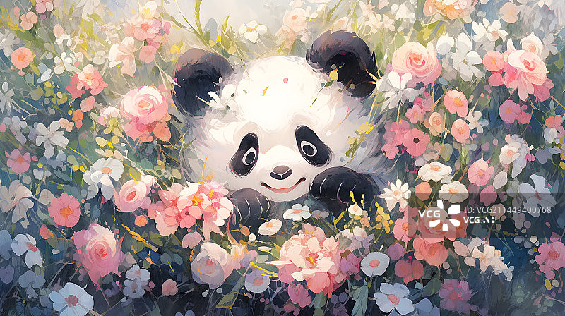 【AI数字艺术】在花丛中的熊猫图片素材