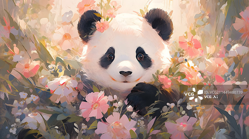 【AI数字艺术】在花丛中的熊猫图片素材