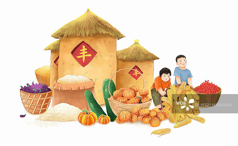 秋季丰收装满粮仓 国潮风五谷丰登大丰收 中国丰收年 两个年画娃娃搬着装满玉米的箩筐图片素材