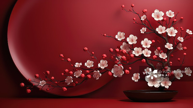 【AI数字艺术】中国风的梅花和红色背景的插画图片素材