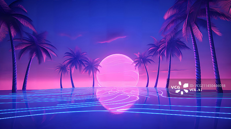 【AI数字艺术】3D渲染夜晚椰子树海边炫光未来科技灯光背景图片素材