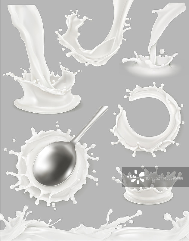 牛奶滴和飞溅3d对象集图片素材