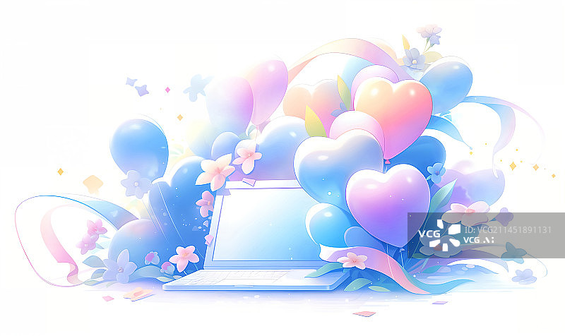【AI数字艺术】开学季笔记本电脑心形气球丝带花朵插画图片素材