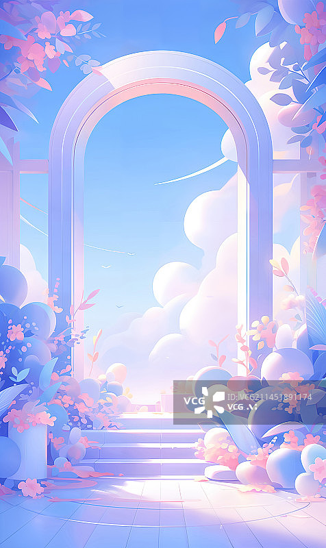 【AI数字艺术】拱门花卉台阶天空云节日背景插画图片素材