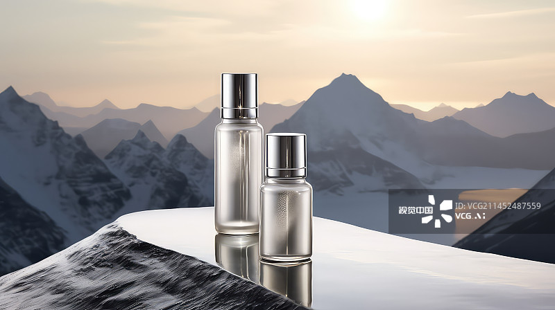 【AI数字艺术】日出雪山，和水平面的化妆品广告渲染图片素材
