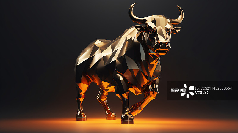 【AI数字艺术】牛市股票股价上涨，黄金公牛3D渲染图片素材