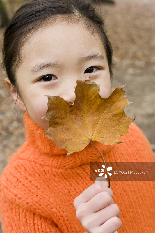 抱着一片秋叶的女孩图片素材