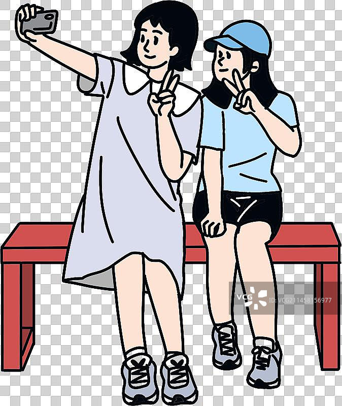 人描线漫画插画闺蜜少女坐长椅手机自拍正面彩色图片素材