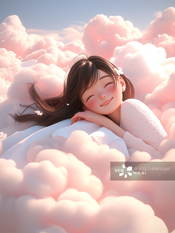 【AI数字艺术】可爱的小女孩在柔软的云朵上甜蜜的睡觉图片素材