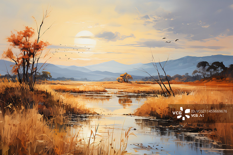 【AI数字艺术】深秋美丽的风景插画图片素材