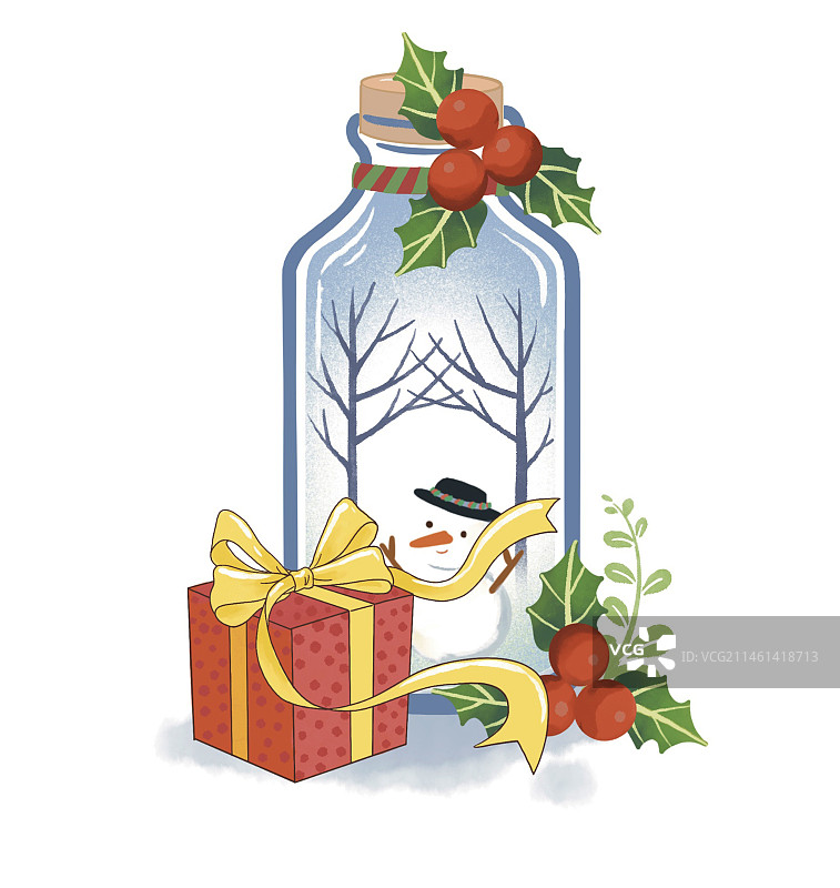 圣诞礼物雪人礼盒玻璃瓶节日元素手绘图片素材