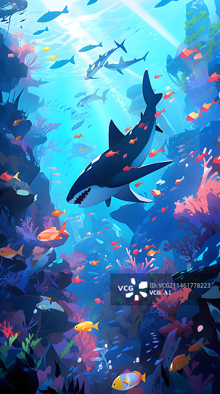 【AI数字艺术】海底大鲨鱼插画图片素材