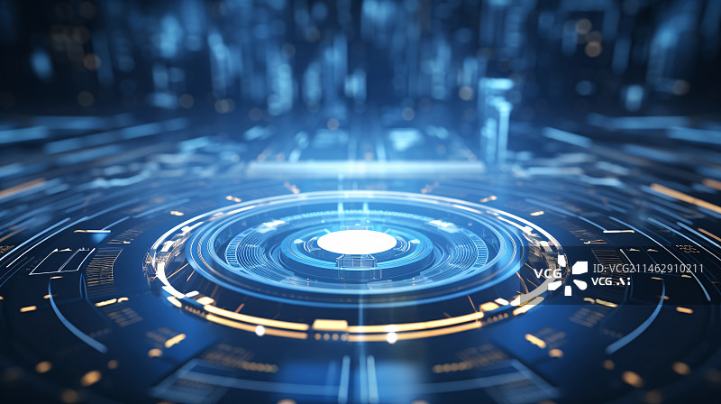 【AI数字艺术】蓝色未来科技圆形造型,科技圆形转盘发射的高速发光线条背景图片素材