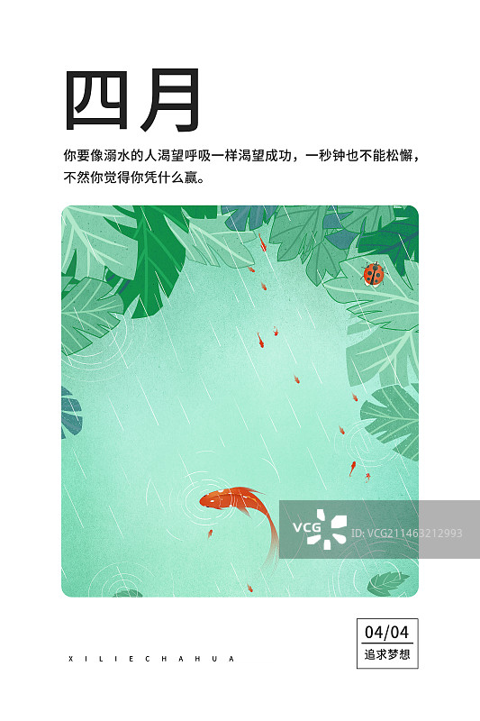 2024风景日历插画 台历海报模版四月-春天下雨时出水的锦鲤图片素材