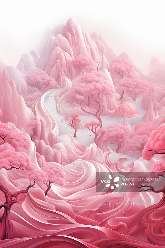 【AI数字艺术】粉色山树自然风景艺术浮雕插画图片素材