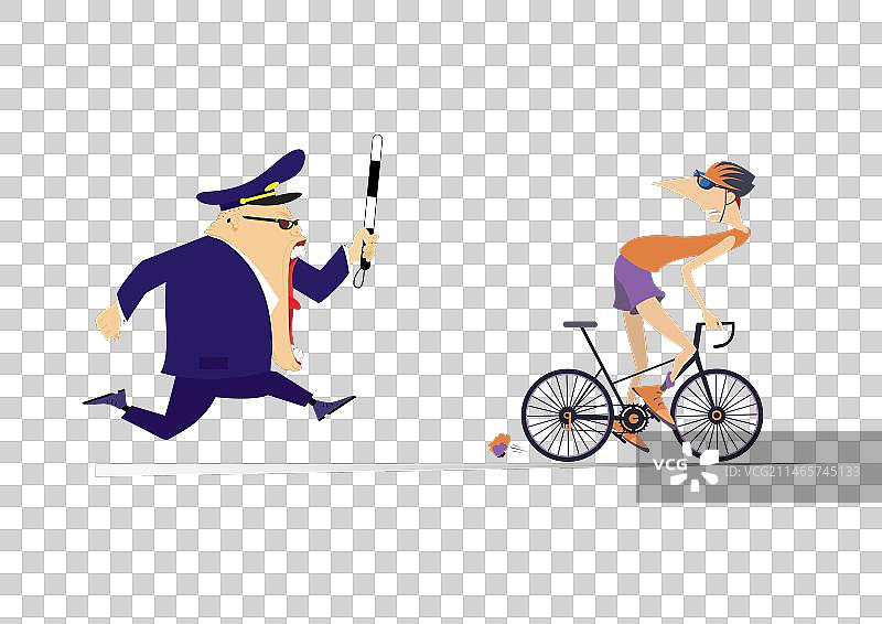 愤怒的交通警察追赶骑自行车的人图片素材