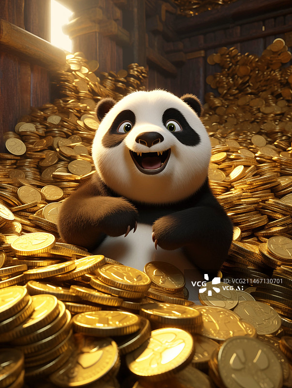 【AI数字艺术】满屋金币上的大熊猫3D金融类插画图片素材