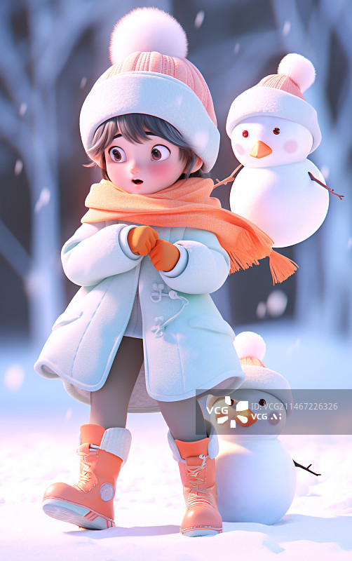 【AI数字艺术】冬天小孩子在堆雪人3D人物插画图片素材