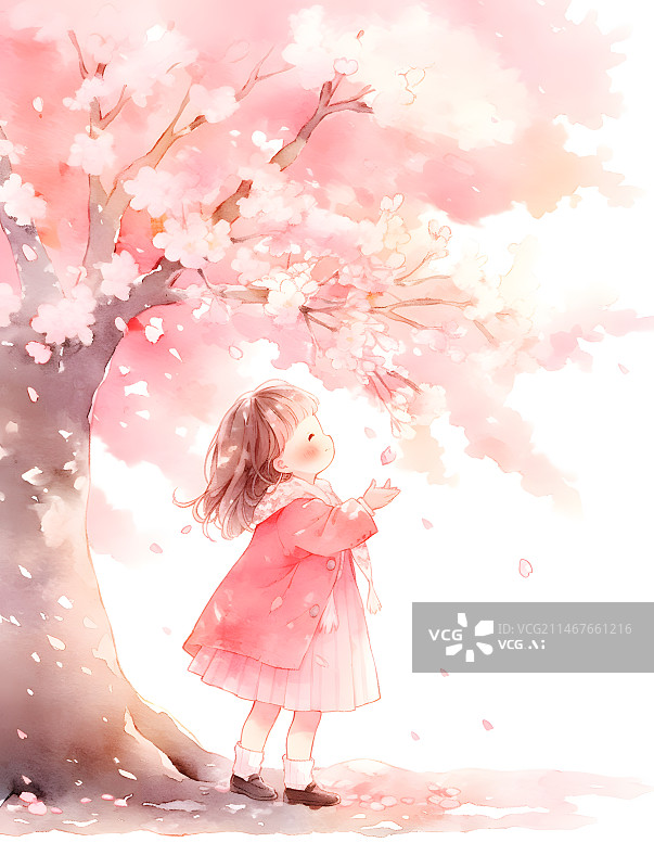【AI数字艺术】水彩风樱花树下可爱的小女孩插画图片素材