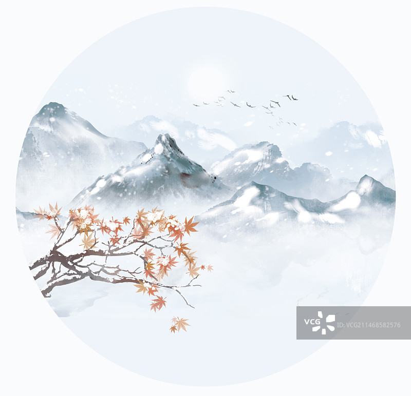 手绘中国风冬天节气意境水墨山水风景插画圆形背景图片素材