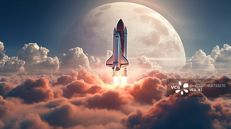 【AI数字艺术】航天飞机火箭在月球背景中点火发射到外层空间图片素材