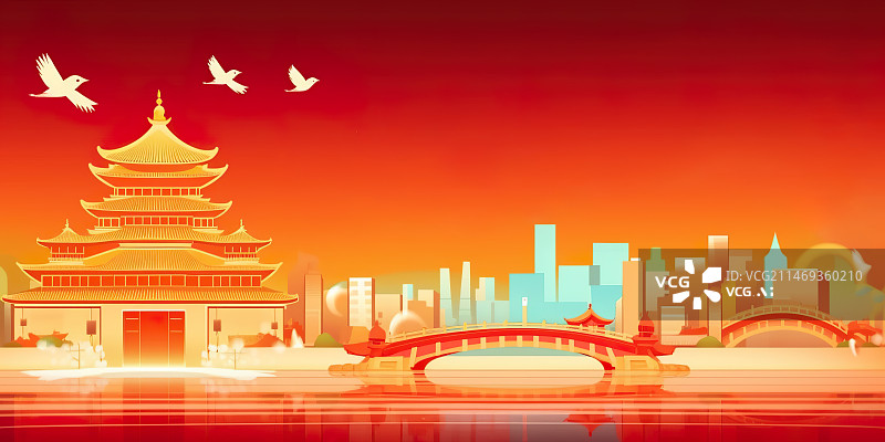 【AI数字艺术】国庆节古代建筑红色背景插画图片素材