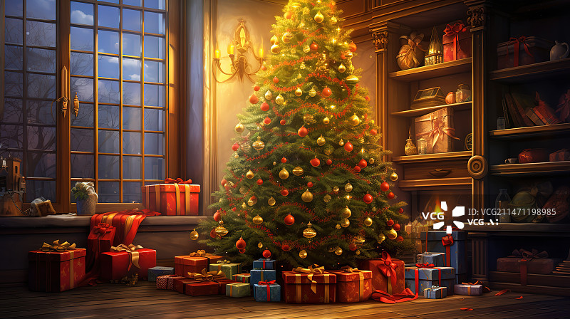【AI数字艺术】圣诞树旁的礼物图片素材