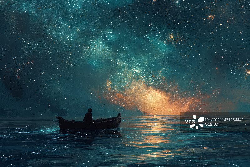 【AI数字艺术】小船行驶在星辰大海中图片素材