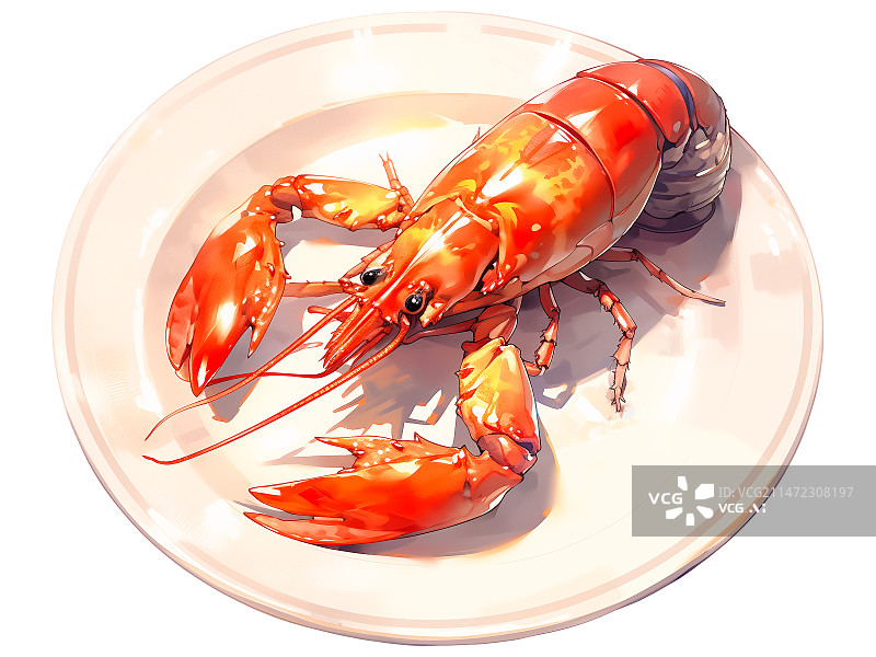 【AI数字艺术】一只波士顿龙虾，美食插画，白色瓷盘子，俯视视角图片素材
