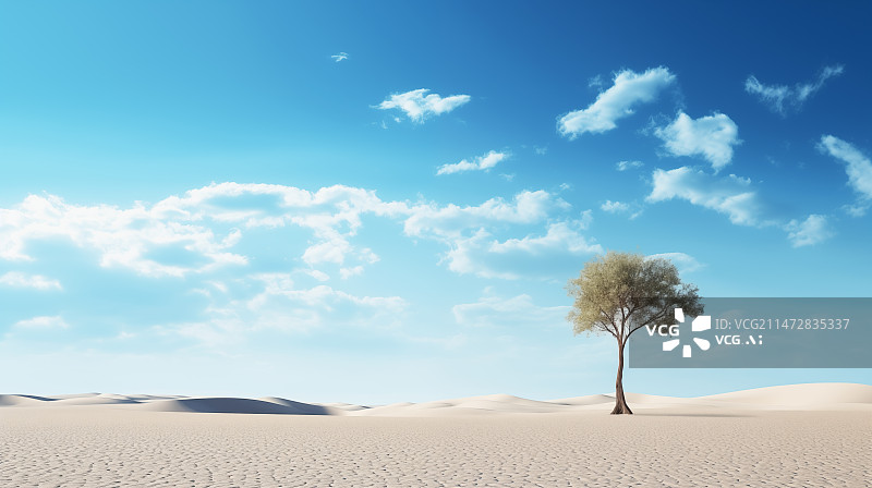 【AI数字艺术】蓝色天空下的沙漠中一棵树背景插画图片素材