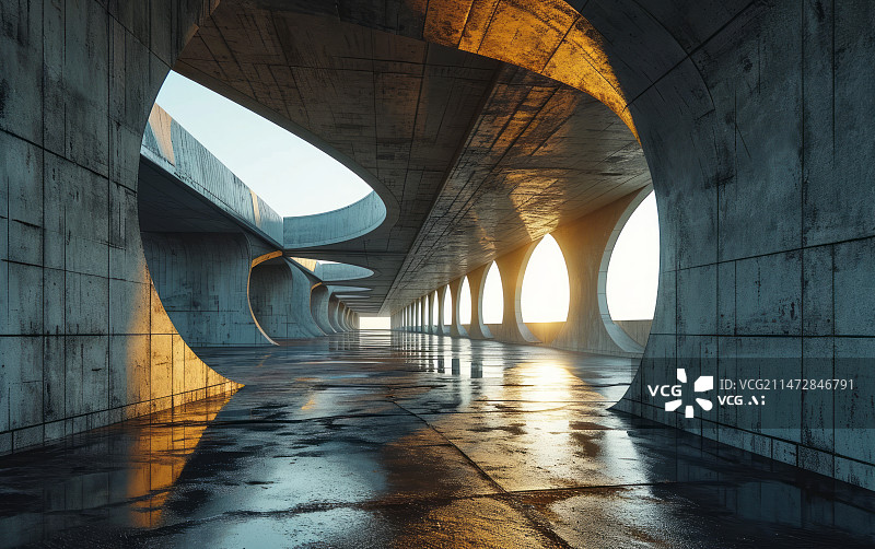 【AI数字艺术】阳光夕阳下的混凝土建筑空间停车场背景图片素材