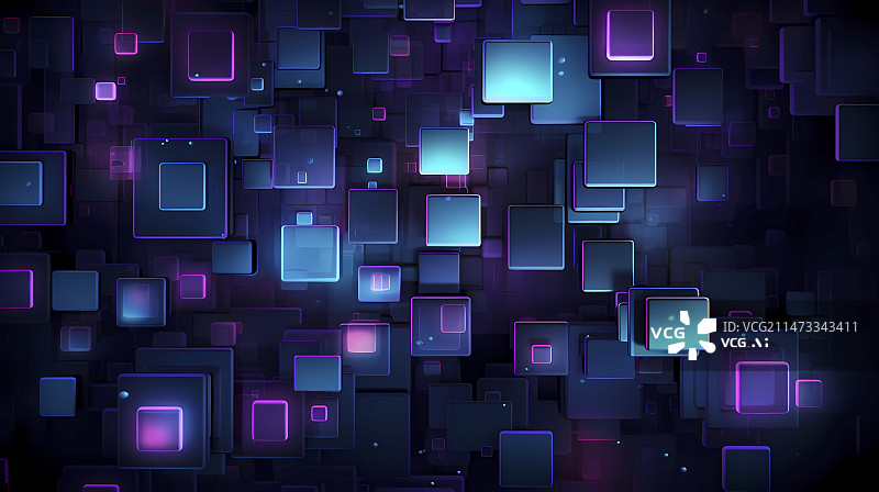 【AI数字艺术】数码蓝紫色方形和点几何抽象图形海报背景图片素材