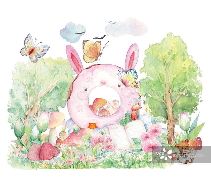 清新水彩手绘童话故事野外森林在花丛中兔子造型气球休息的老鼠和小熊儿插插画图片素材