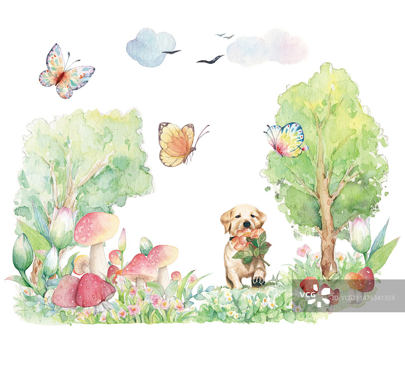 水彩手绘卡通童话故事插画乡间田野小道上一只拉布拉多小狗在花丛中卡通儿童插画图片素材