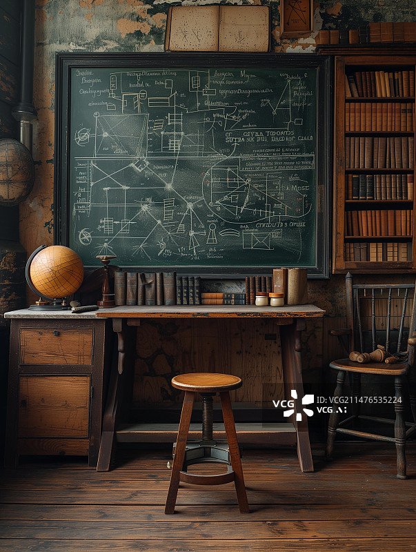 【AI数字艺术】古老的教室与黑板图片素材