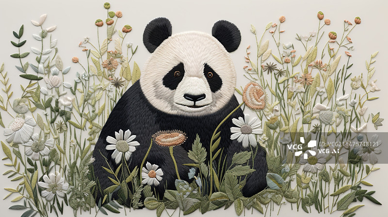 【AI数字艺术】熊猫和鲜花中式刺绣画图片素材
