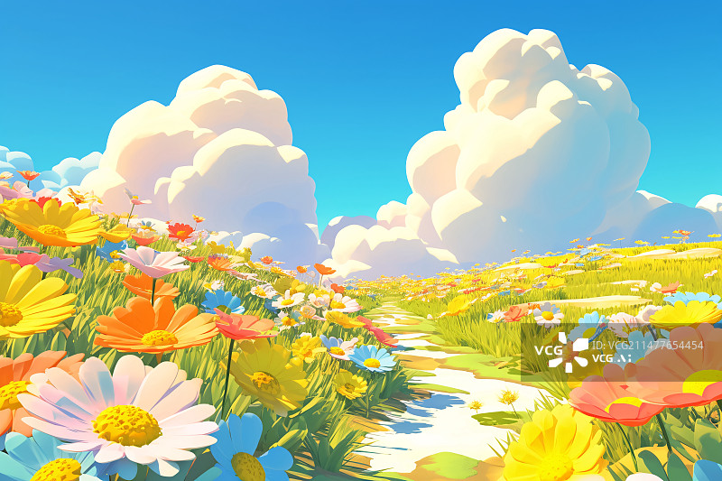 【AI数字艺术】春天可爱的立体的风景背景，C4D风格概念插图图片素材